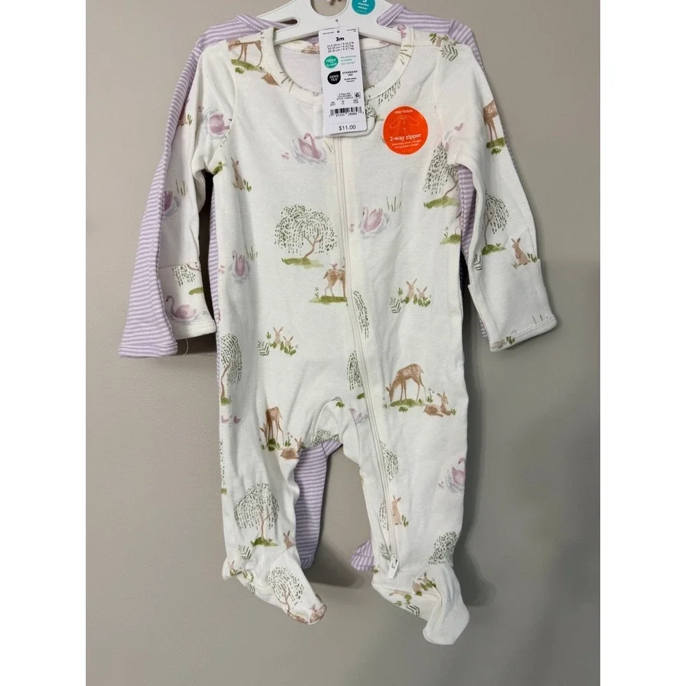 Carter's Sleep and Play Baby 3M Purple‎ White Stripe Woodland NWT 2-Pack